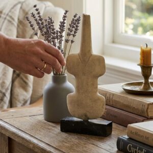 Hand arranging lavender beside abstract sculpture on table