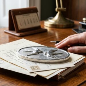 Metal bird paperweight on handwritten letters
