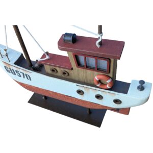 Decorative wooden model fishing boat on stand