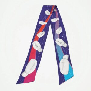 Purple silk scarf with perfume bottle illustrations