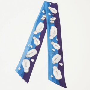 Blue and purple scarf with white bottle pattern