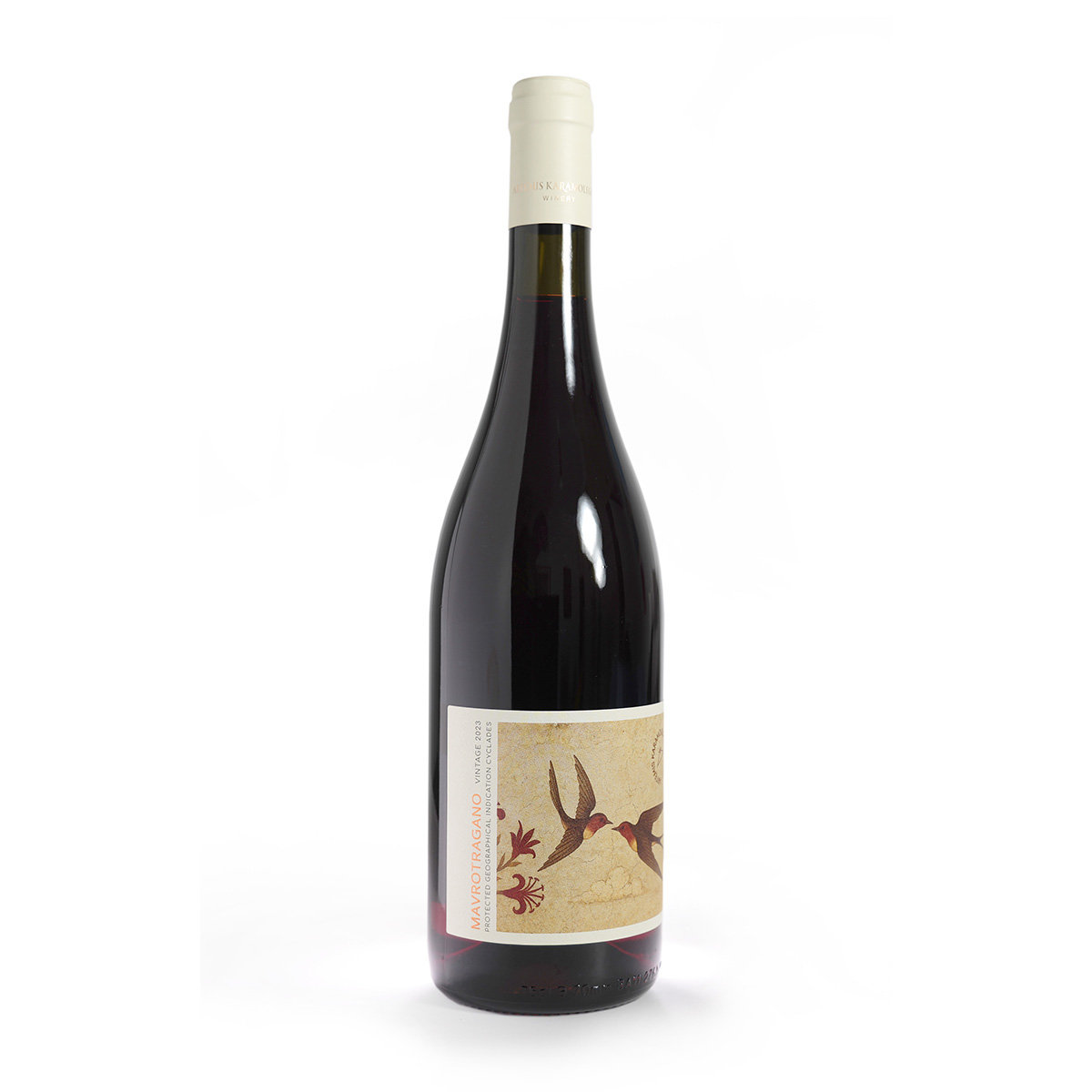 Bottle of Mavrotragano red wine with bird label