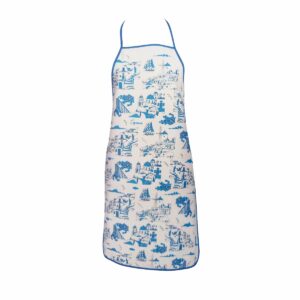 White apron with blue Greek island illustrations