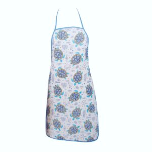 White apron with blue turtle pattern