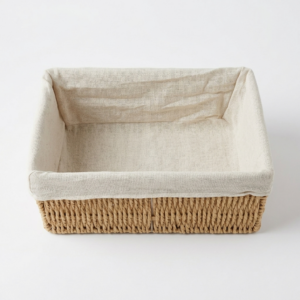 Rectangular woven basket with fabric liner