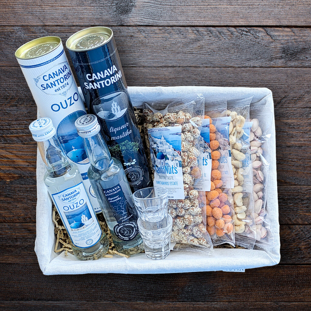 Santorini ouzo and snacks gift basket