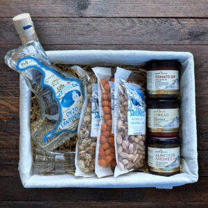 Santorini gift basket with ouzo, nuts, and spreads