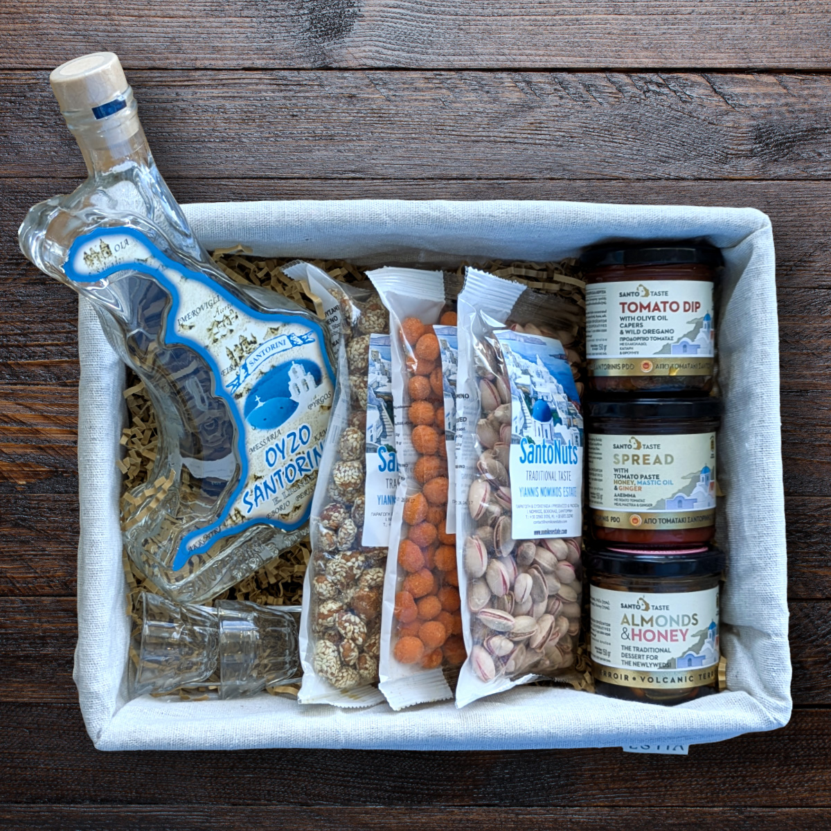 Santorini gift basket with ouzo, nuts, and spreads