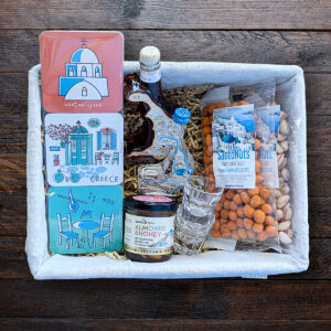 Greek gift basket with liquor, nuts, and sweets