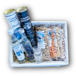 Santorini ouzo gift basket with snacks and glasses