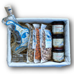 Greek gourmet gift basket with ouzo and snacks