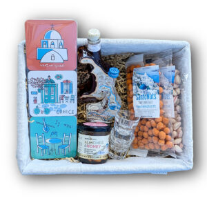 Greek-themed gift basket with snacks and liqueur