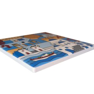 Colorful Mediterranean village illustration on thick canvas