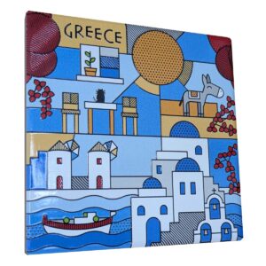 Colorful illustration of Greek coastal village scene