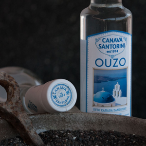 Bottle of Canava Santorini Ouzo with rustic key