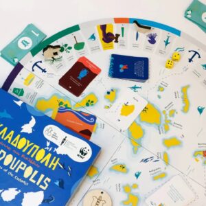 Cyclades-themed educational board game with map and cards