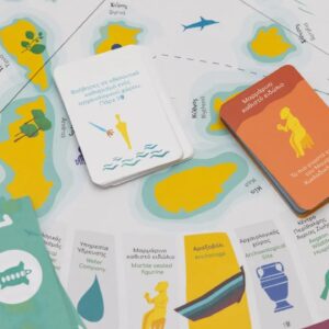 Illustrated Greek island map with educational game cards