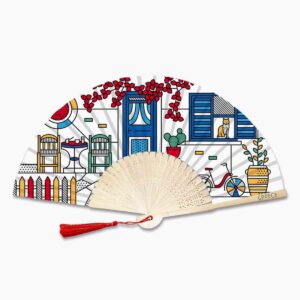 Decorative hand fan with colorful Greek street illustration