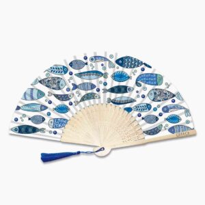 Decorative hand fan with blue fish design