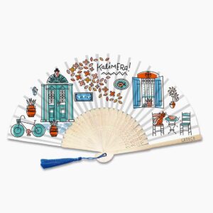 Decorative hand fan with illustrated Greek scenes
