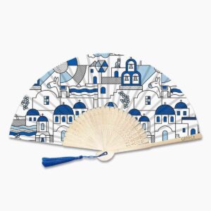 Decorative hand fan with Greek island illustration