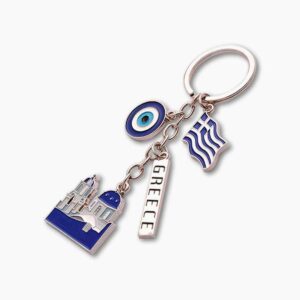Greece-themed keychain with Santorini church and evil eye