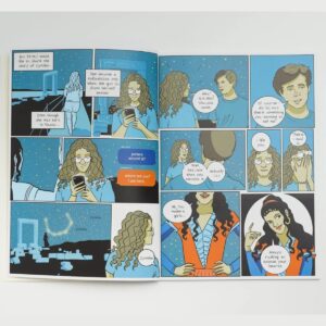 Illustrated comic page of girl texting under starry sky