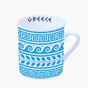 White mug with blue Greek patterns and text