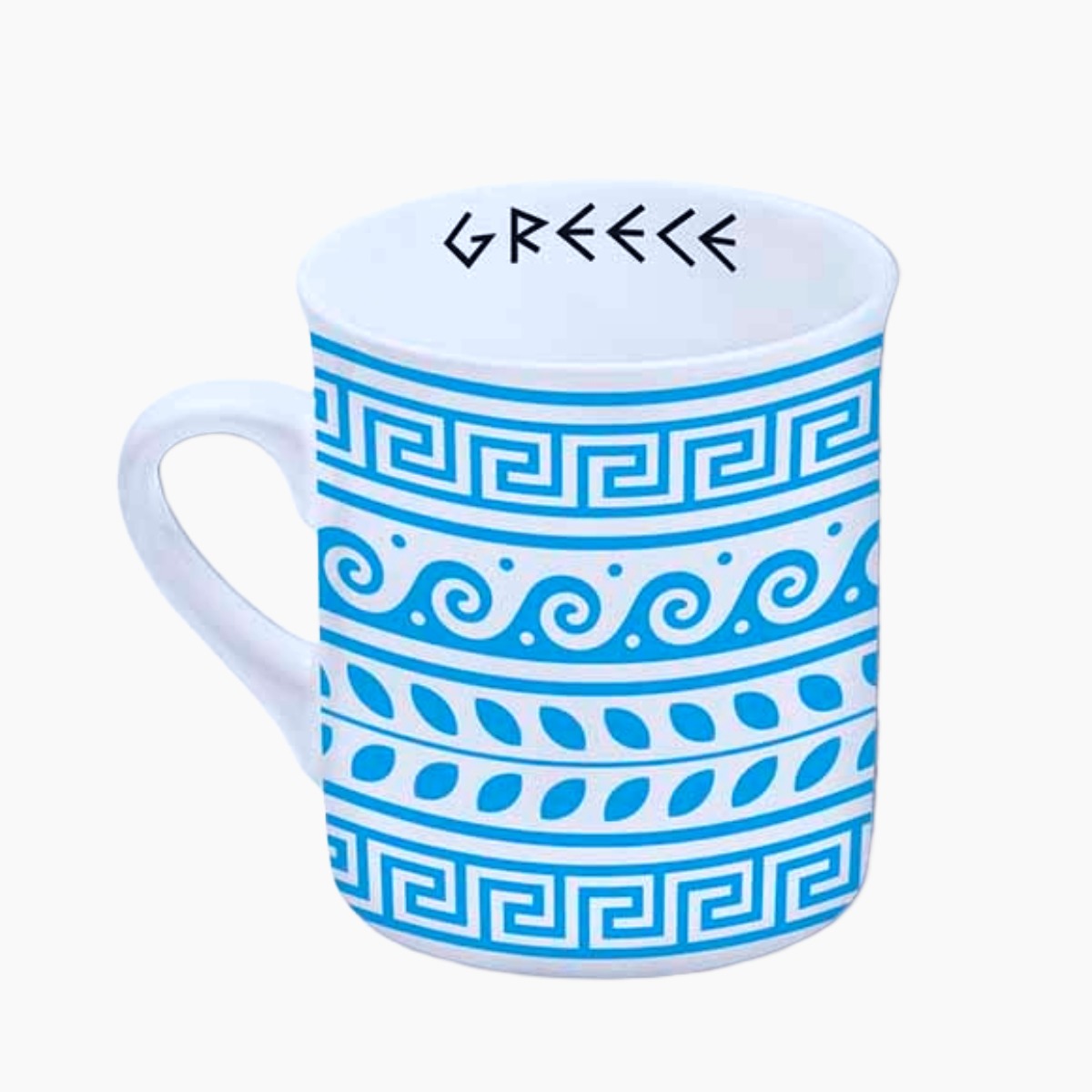 White mug with blue Greek key patterns