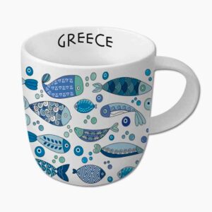 White Greece mug with blue fish patterns