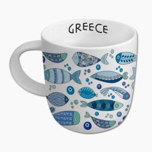 White Greece mug with blue fish patterns