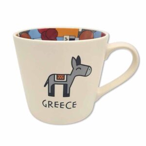 Cream mug with donkey illustration and Greece text