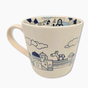 Cream ceramic mug with blue village illustration