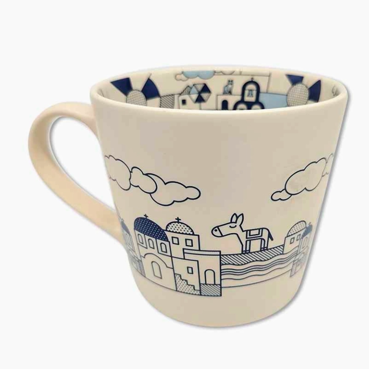 Cream ceramic mug with blue village illustration