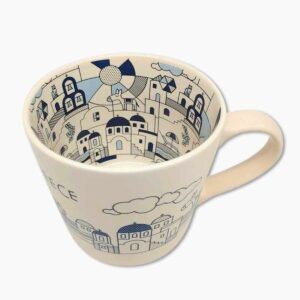 Ceramic mug with blue Greek island illustration