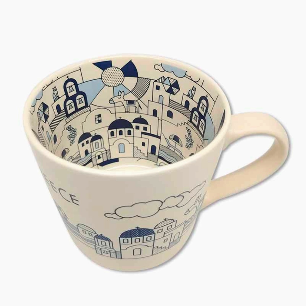 Ceramic mug with blue Greek island illustration