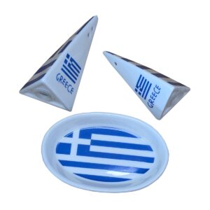 Greek flag salt and pepper shakers with dish