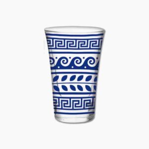 Clear glass with blue Greek key pattern