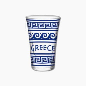 Greek-themed glass with blue decorative patterns