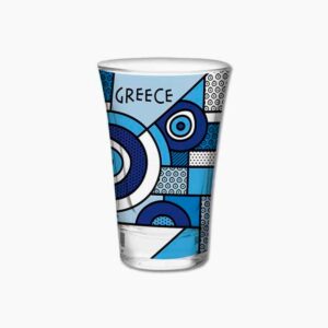 Decorative Greece-themed glass with blue geometric patterns