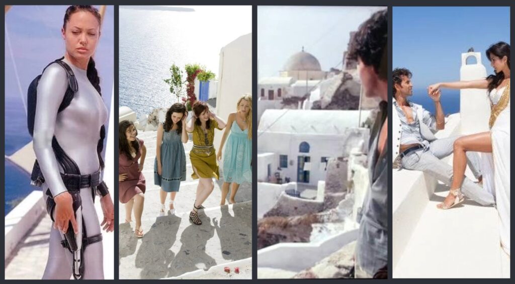 Collage of people in Santorini, Greece scenes from movies.