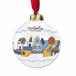 Santorini Christmas ornament with colorful island village illustration