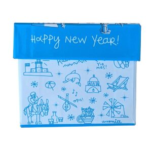 Blue New Year gift box with Greek illustrations