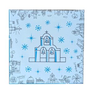 Blue illustration of Greek church with snowflakes