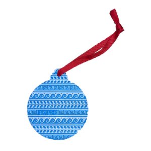 Blue and white Greek ornament with red ribbon