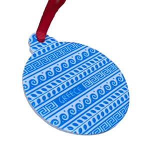 Blue Greece ornament with red ribbon