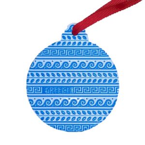 Blue Greek-patterned round ornament with red hanging ribbon