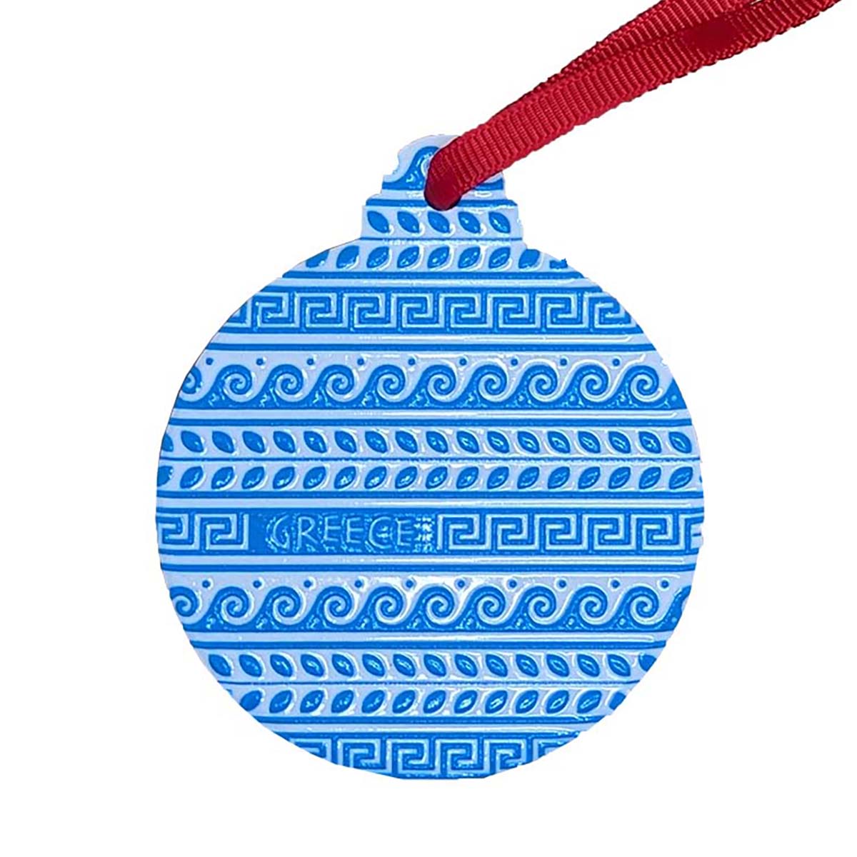 Blue Greek-patterned round ornament with red hanging ribbon