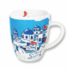 White mug with blue Greek island illustration
