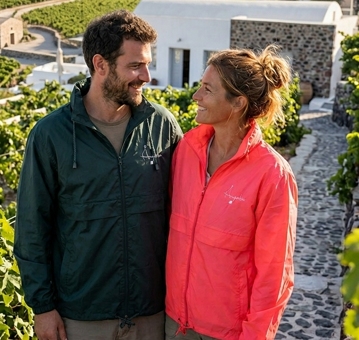 Smiling couple in vineyard with winery backdrop